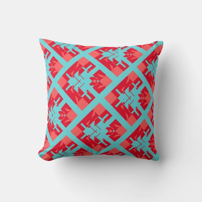 Red Shades Dark Aqua Diagonal Tile Design Throw Pillow (Front)