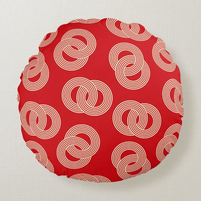 Red shades, interlocked striped rings pattern. round pillow (Front)