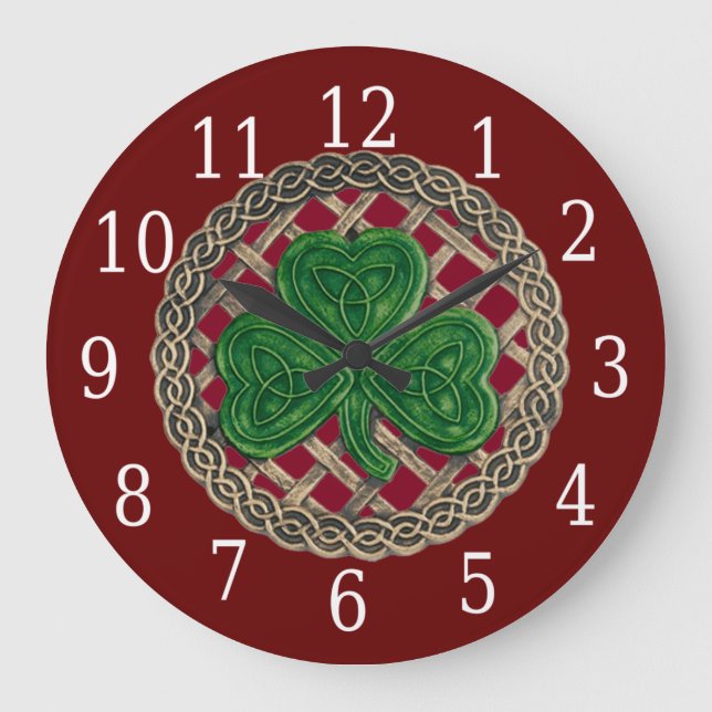 Red Shamrock And Celtic Knots Round Clock (Front)