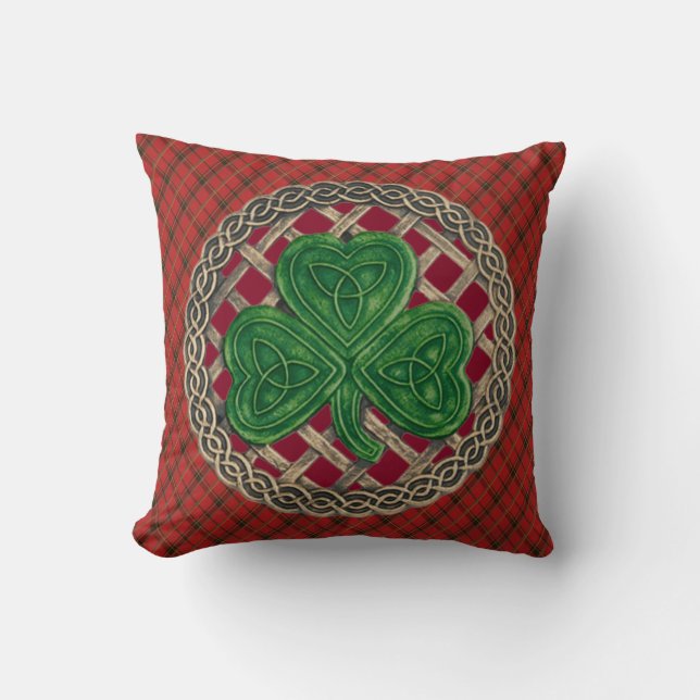 Red Shamrock Celtic Knots On Red Plaid Throw Pillow (Front)
