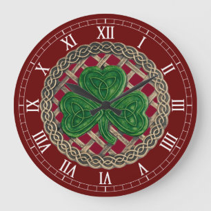 Red Shamrock & Celtic Knots Roman Numerals Clock