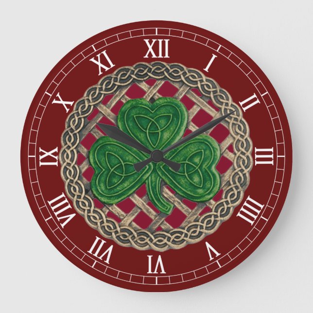 Red Shamrock & Celtic Knots Roman Numerals Clock (Front)