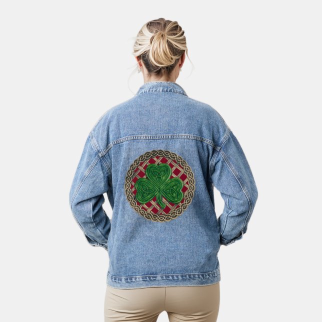 Red Shamrock On Celtic Knots Denim Jacket (Model)