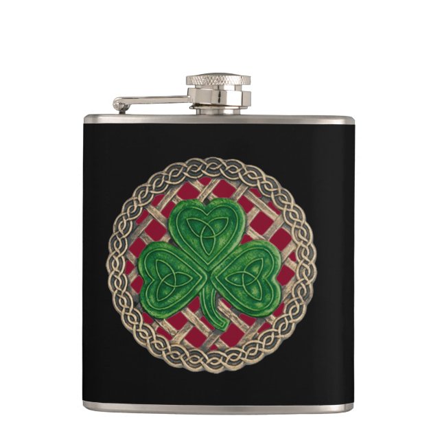 Red Shamrock On Celtic Knots Flask (Front)