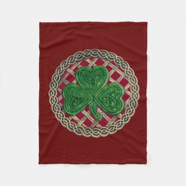 Red Shamrock On Celtic Knots Fleece Blanket (Front)