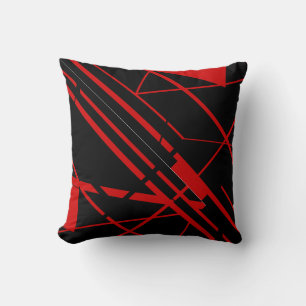 Red Shapes, Lines on Black Abstract Flowing Design Throw Pillow