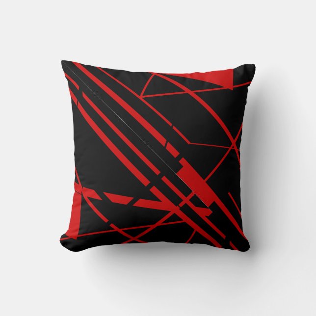Red Shapes, Lines on Black Abstract Flowing Design Throw Pillow (Front)