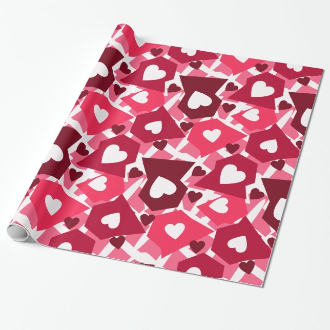 Red Shapes With White Hearts Wrapping Paper (Unrolled)