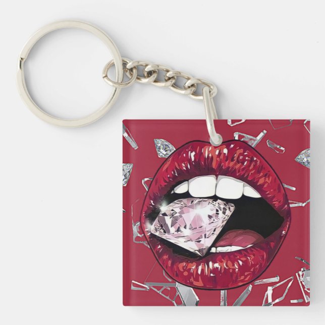 Red shattered glass and diamonds keychain (Front)