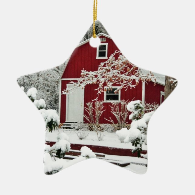 Red Shed During Winter Ceramic Ornament (Front)