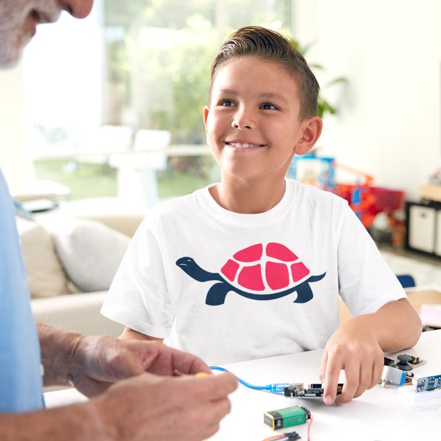 Red Shell Tortoise T-Shirt (Boy smiling at his dad, wearing turtle tshirt)