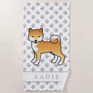 Red Shiba Inu Cute Cartoon Dog & Name Beach Towel