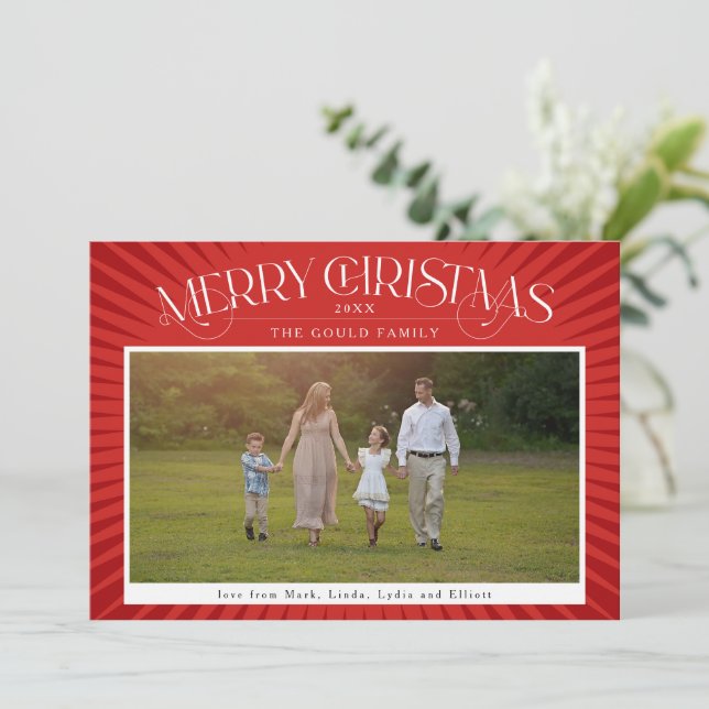 Red Shining Rays Holiday Card (Standing Front)