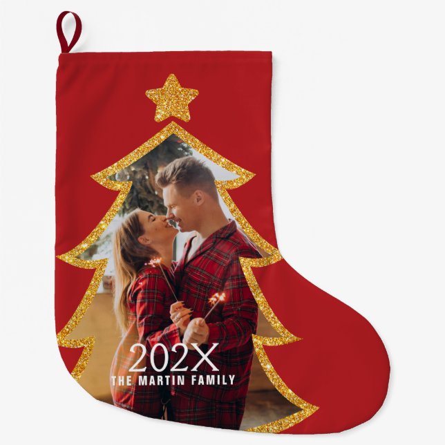 Red Shiny Christmas Tree Personalized Photo Large Christmas Stocking (Front)