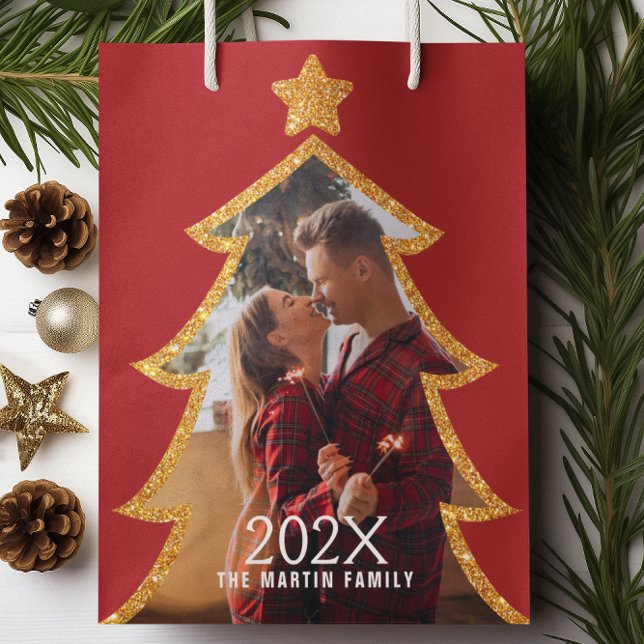 Red Shiny Christmas Tree Personalized Photo Medium Gift Bag (Creator Uploaded)