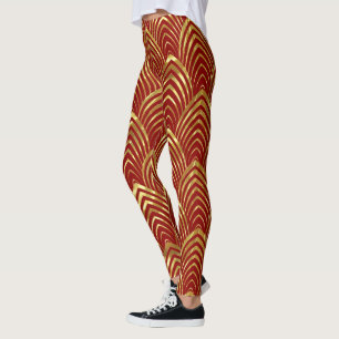 Red & Shiny Gold Art-Deco Geometric Pattern Leggings