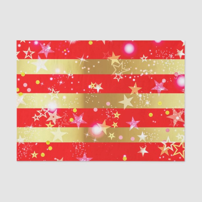 Red Shiny Gold Stripes Confetti And Sparkles Tissue Paper (Front)