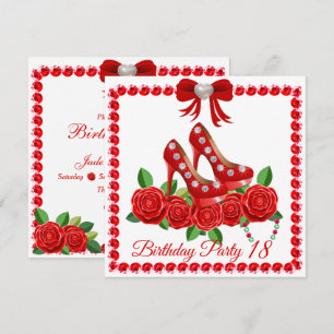 Red Shoes, Jewels And Rose Flower 18th Birthday Invitation
