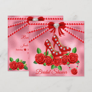 Red Shoes, Jewels And Rose Flower Bridal Shower Invitation