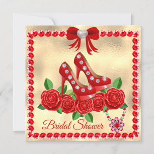 Red Shoes, Jewels And Rose Flower Bridal Shower Invitation