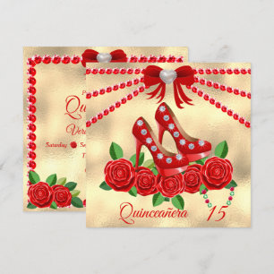 Red Shoes, Jewels And Rose Flower Quinceañera Invitation