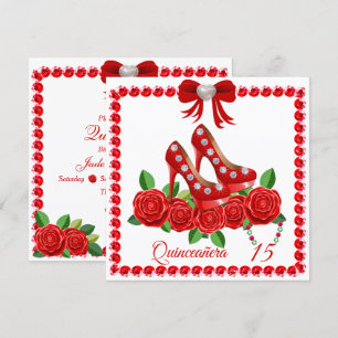 Red Shoes, Jewels And Rose Flower Quinceañera  Invitation