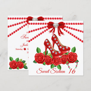 Red Shoes, Jewels And Rose Flower Sweet Sixteen  Invitation