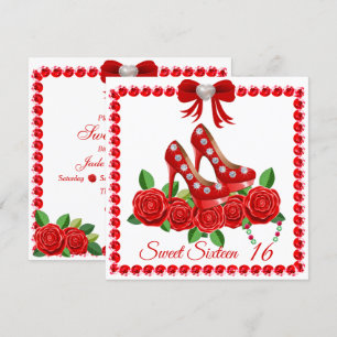 Red Shoes, Jewels And Rose Flower Sweet Sixteen Invitation