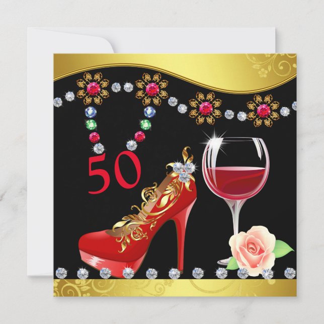 Red Shoes, Wine & Jewels 50th Birthday Invitation (Front)