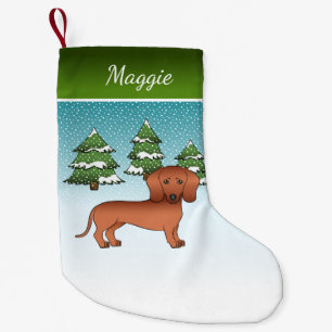 Red Short Hair Dachshund Cute Dog - Winter Forest Small Christmas Stocking