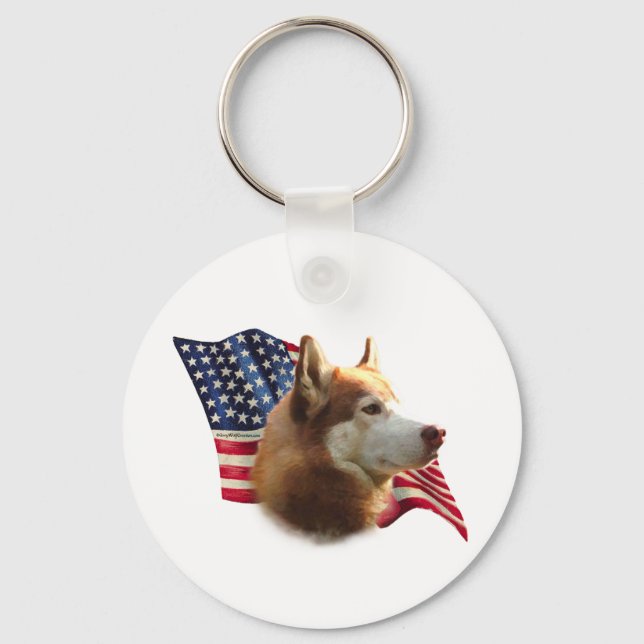 Red Siberian Husky Flag Keychain (Front)