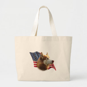 Red Siberian Husky Flag Large Tote Bag