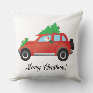 Red Siberian Husky in Christmas Car Throw Pillow