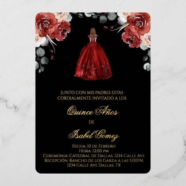 Red silhouette quinceañera invitation foil invit (Front)