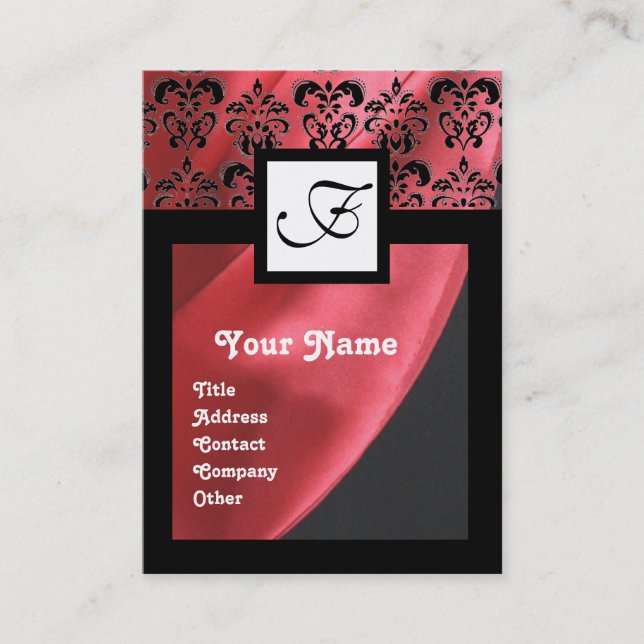 RED SILK DAMASK CLOTH ,SQUARE MONOGRAM BUSINESS CARD (Front)