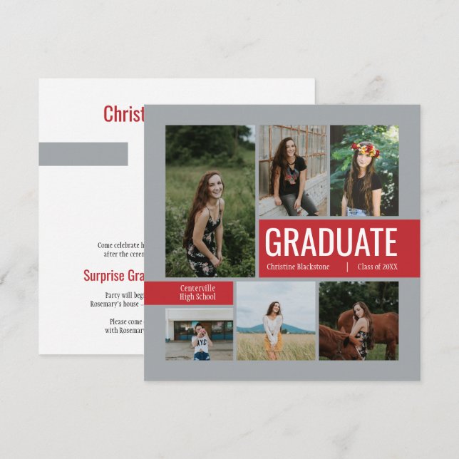 Red & Silver 6 Photo Graduation Invitation (Front/Back)