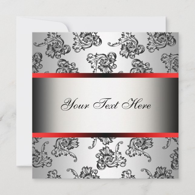 Red Silver Black Damask Party Invitation Template (Front)