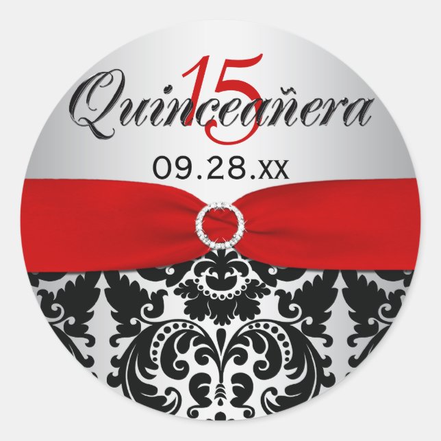 Red, Silver, Black Damask Quinceanera Sticker (Front)