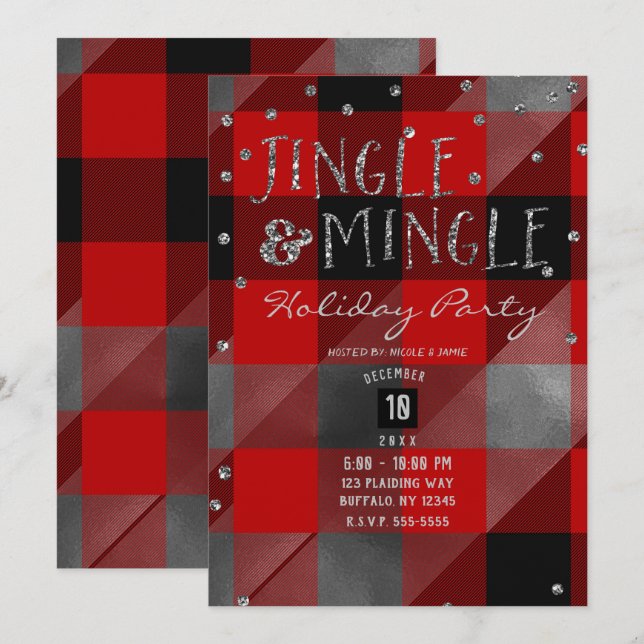Red Silver Buffalo Plaid Jingle & Mingle Holiday Invitation (Front/Back)