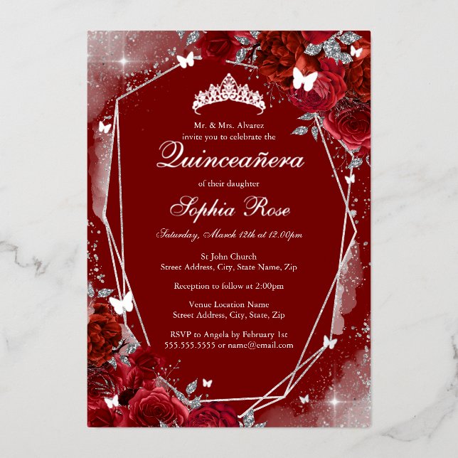 Red Silver Butterfly Floral Quinceanera (Front)