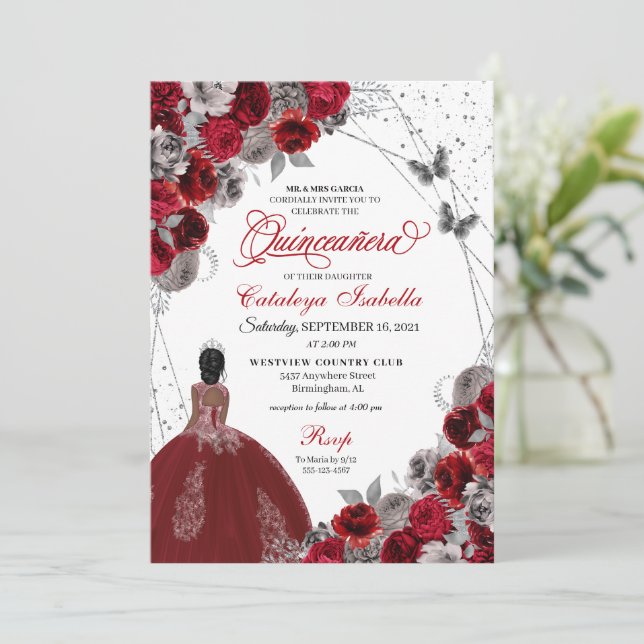 Red Silver Butterfly Princess Quinceanera Invitation (Standing Front)