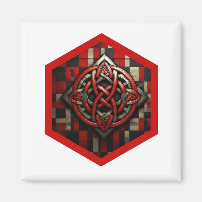 Red & Silver Celtic Knot In A Six Sided Red Frame Magnet (Front)