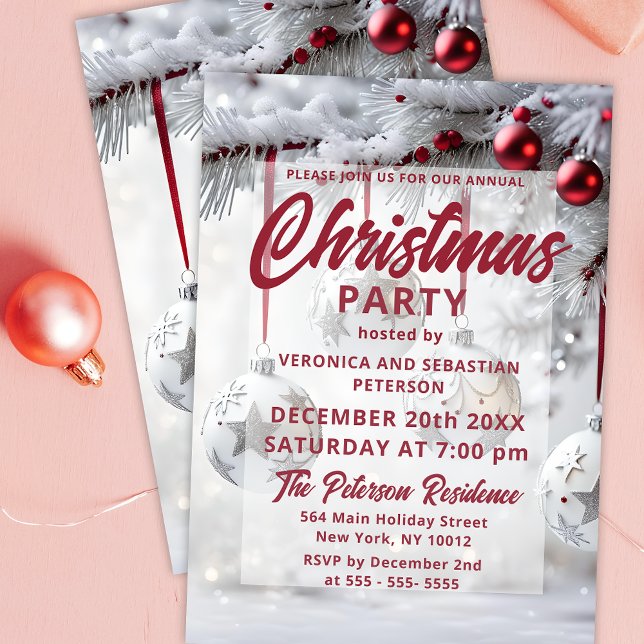 Red Silver Christmas Baubles Snow-Frosted Branches Invitation (Creator Uploaded)