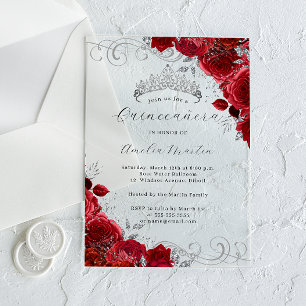 Red Silver Clear Acrylic Floral Quinceanera  Invitations