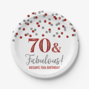Red Silver Confetti 70 and Fabulous Birthday Paper Plate