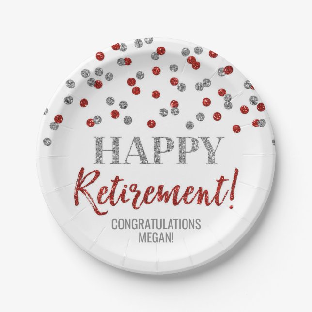 Red Silver Confetti Happy Retirement Paper Plate (Front)