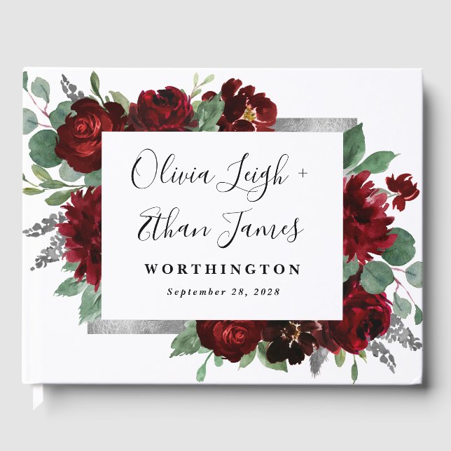 Red & Silver Country Burgundy Rose Winter Wedding Guest Book (Front)