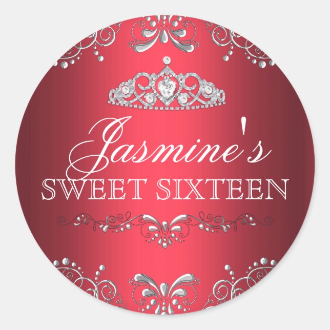 Red Silver Damask & Tiara Sweet 16 Sticker (Front)