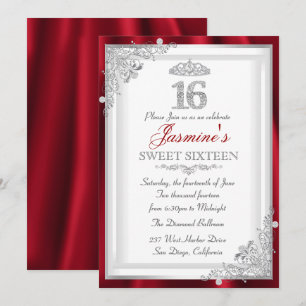 Red Silver Diamond Damask Tiara Sweet 16 Invite