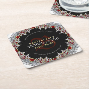 Red Silver Diamonds Wedding Anniversary Box Square Paper Coaster